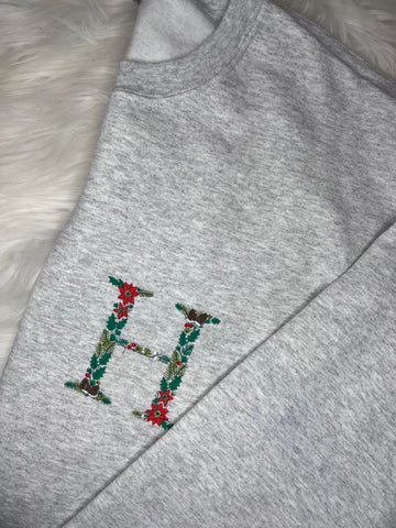 Christmas Floral Initial Embroidered Crewneck